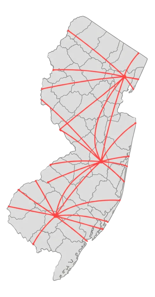 Abstract image of new jersey map with red lines connecting throughout